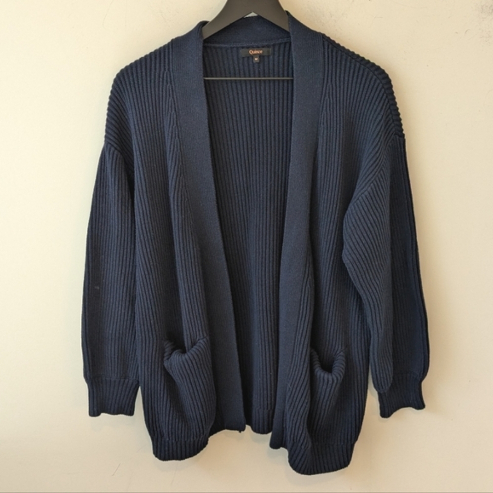 Quince Women's Navy Blue 100% Organic Cotton Oversized Ribbed Cardigan Medium - Picture 2 of 7